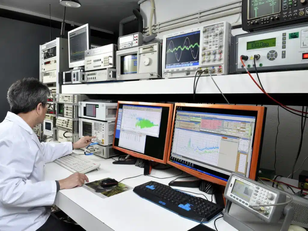 Xavi García, de telproCE, midiendo emisiones con el analizador de espectro en el laboratorio EMC de Valldoreix (Barcelona)