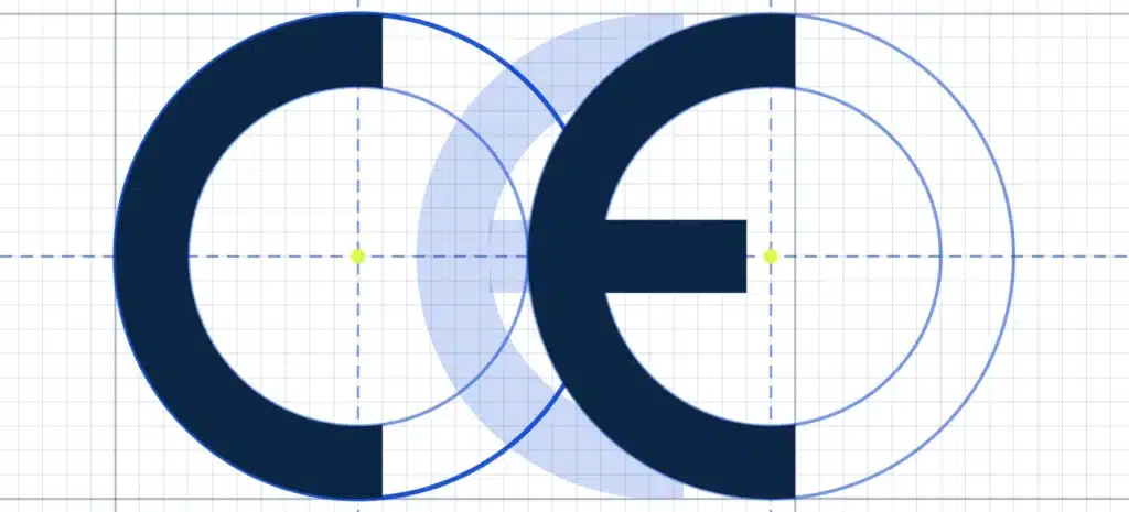 Marcado CE falso frente al correcto sobre la retícula del Reglamento (CE) 765/2008: en azul oscuro el marcado con sus proporciones, en azul claro el mismo símbolo con las letras demasiado juntas