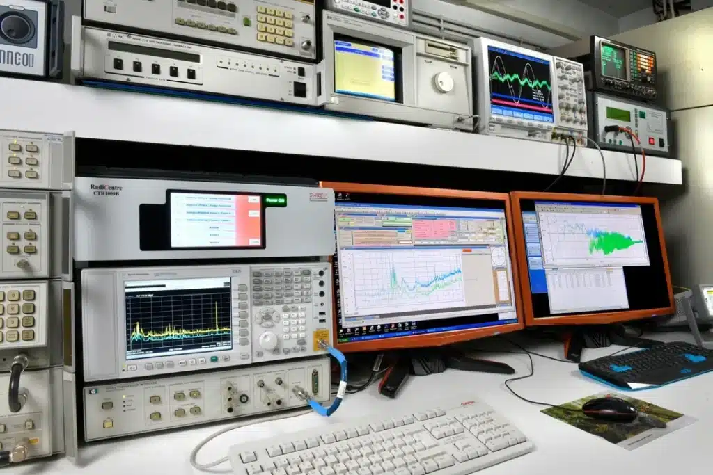 Banco de instrumentación del laboratorio EMC de telproCE durante los ensayos de una máquina modificada